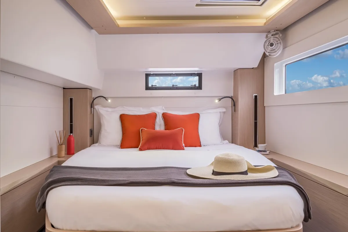 Cabin on Thirteen, a Lagoon 46 catamaran at Olbia, Italy