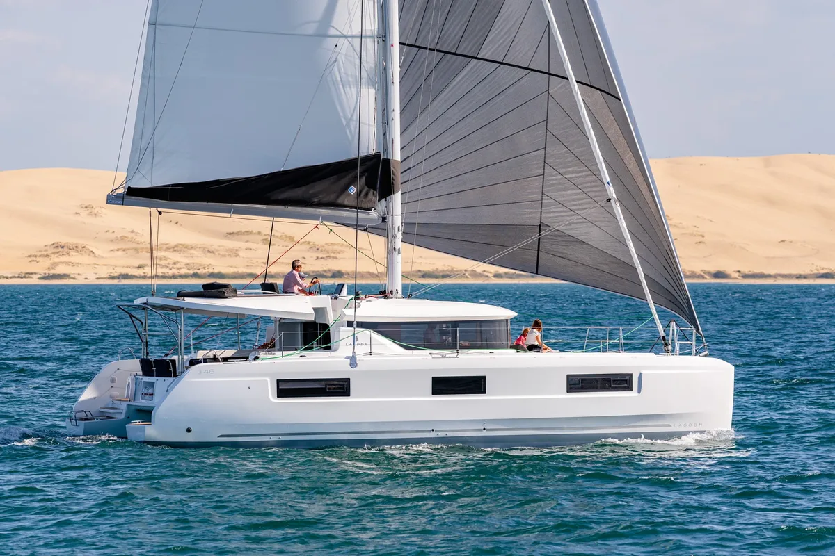 Exterior view of Thirteen, a Lagoon 46 catamaran at Olbia, Italy