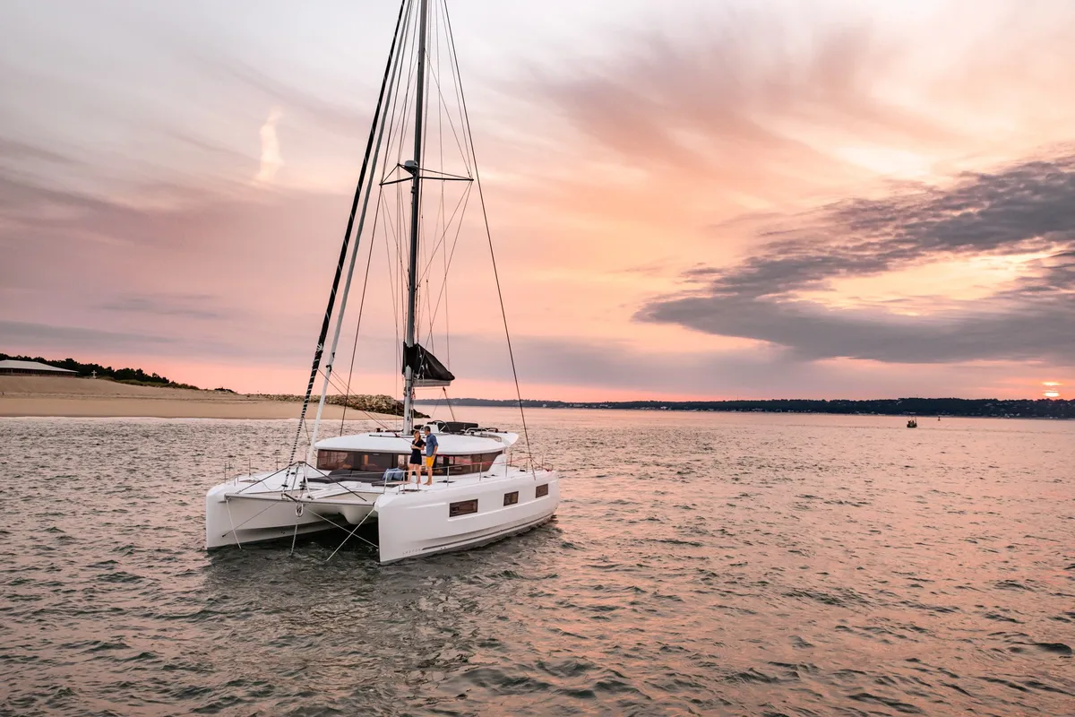 Exterior view of Thirteen, a Lagoon 46 catamaran at Olbia, Italy