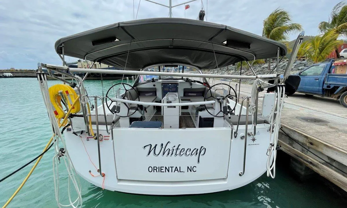Deck of White Cap, a Jeanneau Sun Odyssey 440 sailboat at Road Town, British Virgin Islands