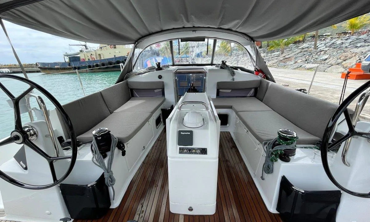 Cockpit of White Cap, a Jeanneau Sun Odyssey 440 sailboat at Road Town, British Virgin Islands
