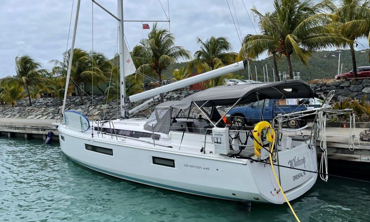 Exterior view of White Cap, a Jeanneau Sun Odyssey 440 sailboat at Road Town, British Virgin Islands
