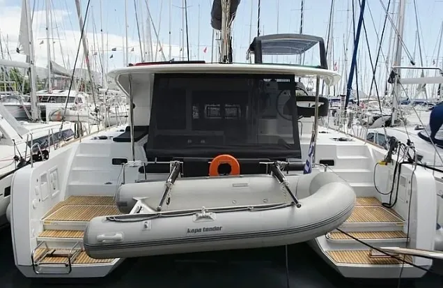 Exterior view of Anemoni, a Lagoon 40 catamaran at Preveza, Greece