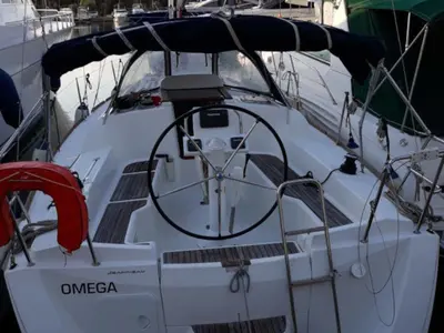 Cockpit of Omega, a Jeanneau Sun Odyssey 33i sailboat at Kontokali, Greece