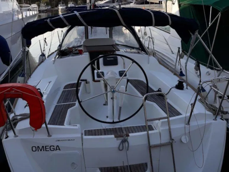Cockpit of Omega, a Jeanneau Sun Odyssey 33i sailboat at Kontokali, Greece