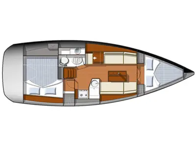 Floor plan of Omega, a Jeanneau Sun Odyssey 33i sailboat at Kontokali, Greece