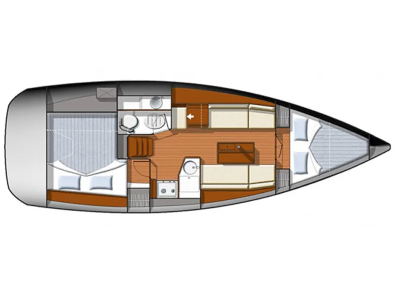Floor plan of Omega, a Jeanneau Sun Odyssey 33i sailboat at Kontokali, Greece