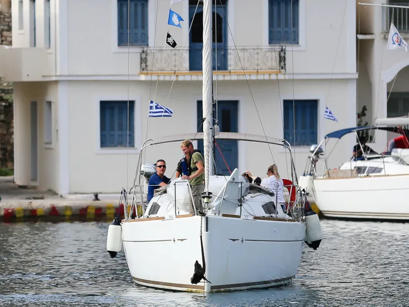 Exterior view of Omega, a Jeanneau Sun Odyssey 33i sailboat at Kontokali, Greece