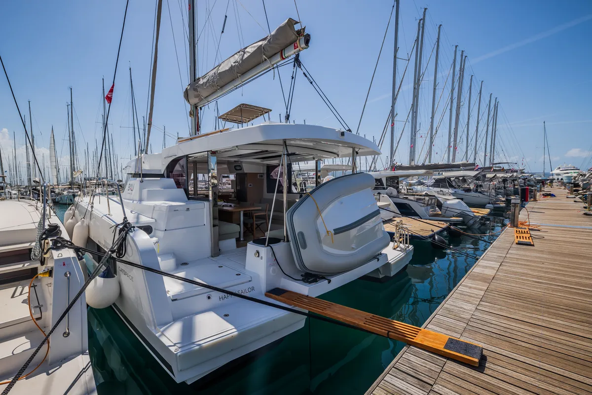 Exterior view of Happy Sailor, a Bali Catspace catamaran at Grad Kaštela, Croatia