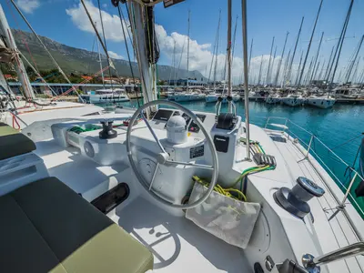 Cockpit of Happy Sailor, a Bali Catspace catamaran at Grad Kaštela, Croatia