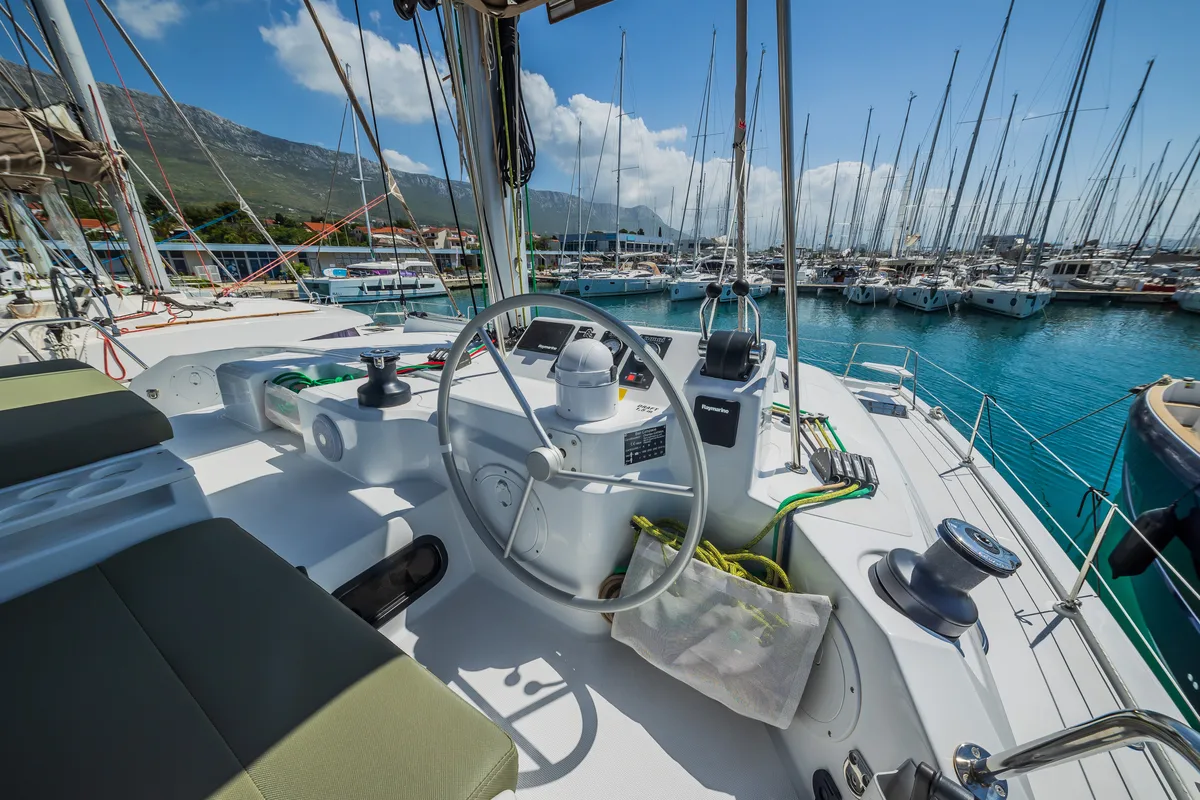 Cockpit of Happy Sailor, a Bali Catspace catamaran at Grad Kaštela, Croatia