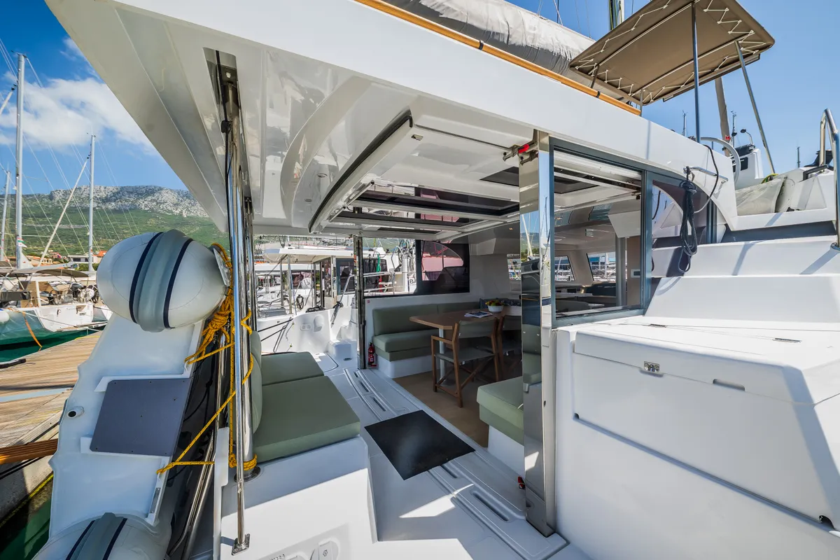 Deck of Happy Sailor, a Bali Catspace catamaran at Grad Kaštela, Croatia