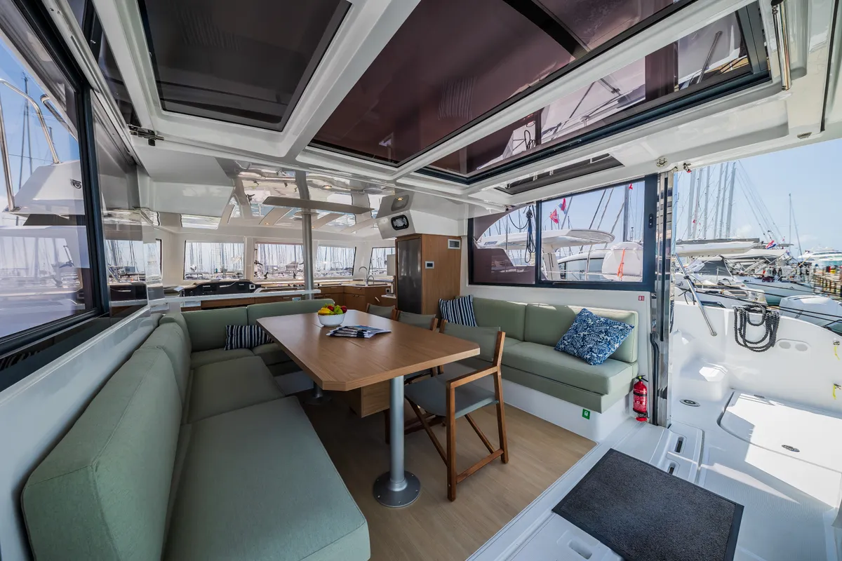 Salon of Happy Sailor, a Bali Catspace catamaran at Grad Kaštela, Croatia
