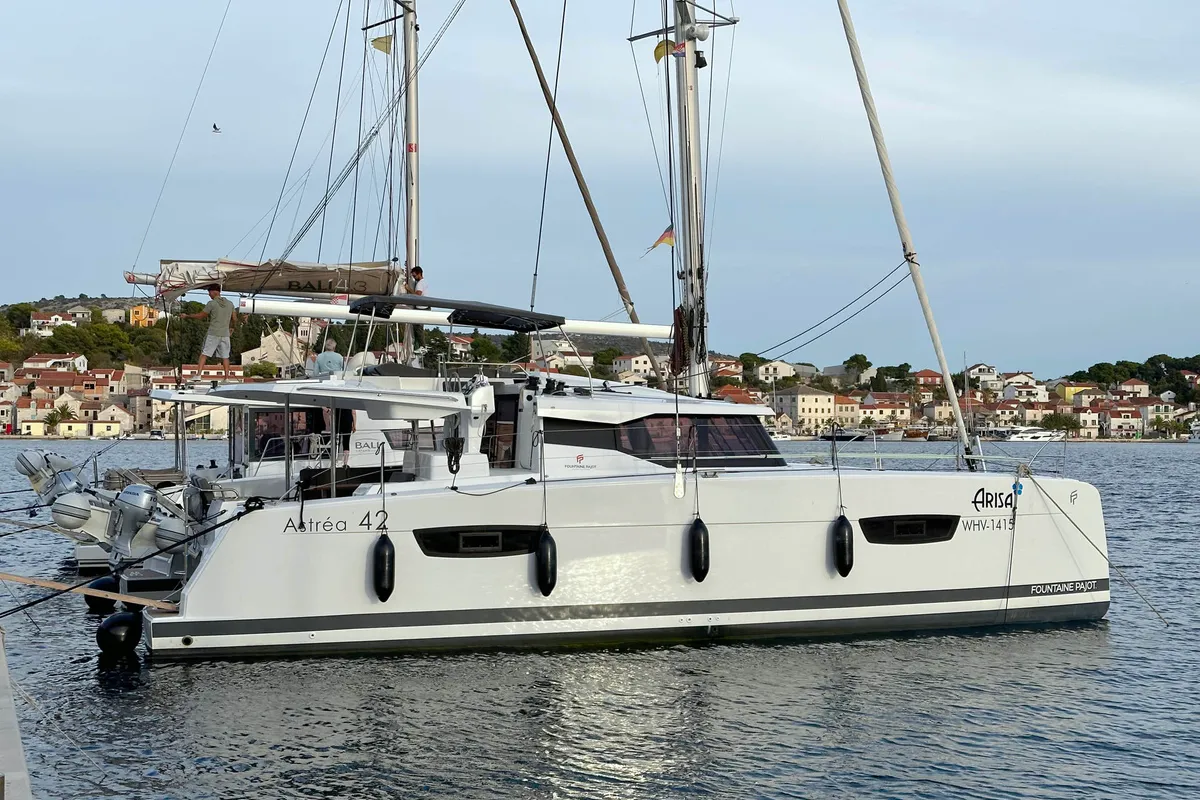 Exterior view of Arisa, a Fountaine Pajot Astrea 42 catamaran at Općina Rogoznica, Croatia