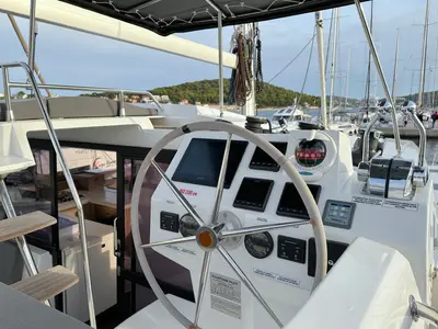 Cockpit of Arisa, a Fountaine Pajot Astrea 42 catamaran at Općina Rogoznica, Croatia