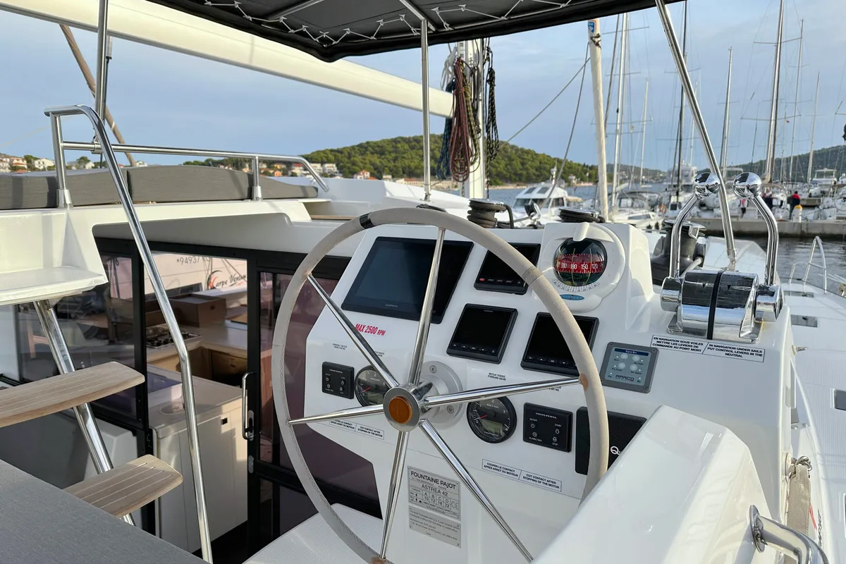 Cockpit of Arisa, a Fountaine Pajot Astrea 42 catamaran at Općina Rogoznica, Croatia