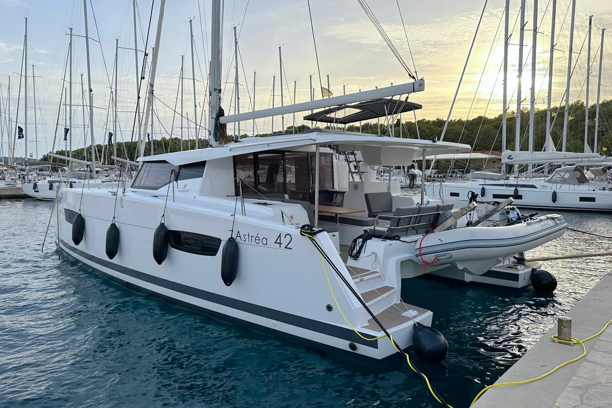 Exterior view of Arisa, a Fountaine Pajot Astrea 42 catamaran at Općina Rogoznica, Croatia