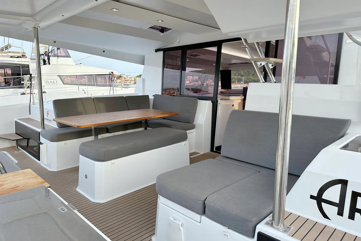 Deck of Arisa, a Fountaine Pajot Astrea 42 catamaran at Općina Rogoznica, Croatia