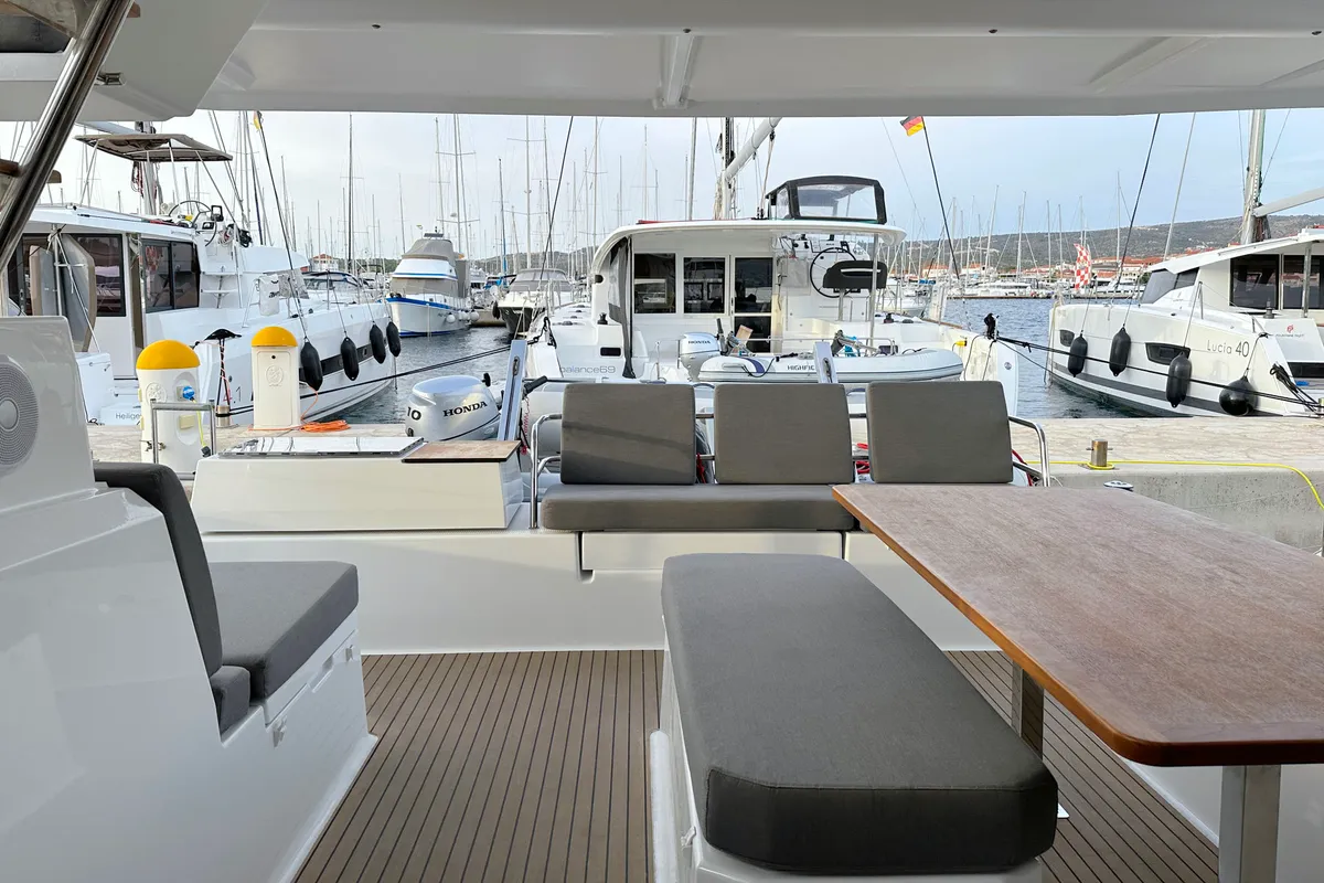 Deck of Arisa, a Fountaine Pajot Astrea 42 catamaran at Općina Rogoznica, Croatia