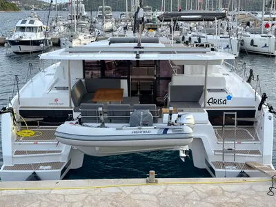 Deck of Arisa, a Fountaine Pajot Astrea 42 catamaran at Općina Rogoznica, Croatia