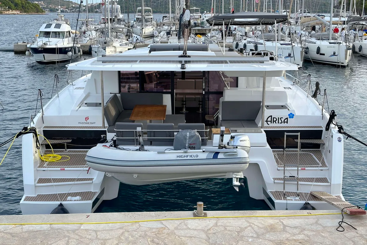 Deck of Arisa, a Fountaine Pajot Astrea 42 catamaran at Općina Rogoznica, Croatia