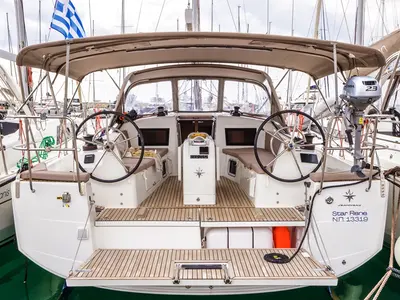Cockpit of Star Rene, a Jeanneau Sun Odyssey 410 sailboat at Municipal Unit of Nea Peramos, Greece