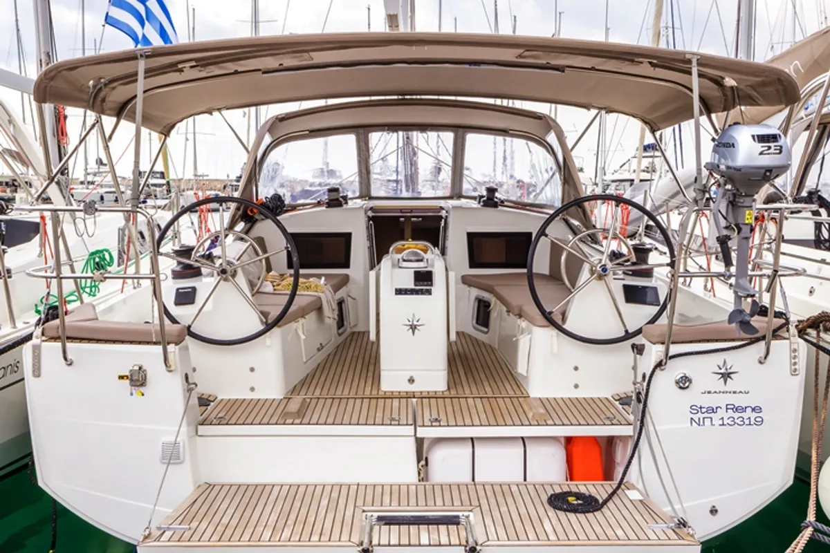 Cockpit of Star Rene, a Jeanneau Sun Odyssey 410 sailboat at Municipal Unit of Nea Peramos, Greece