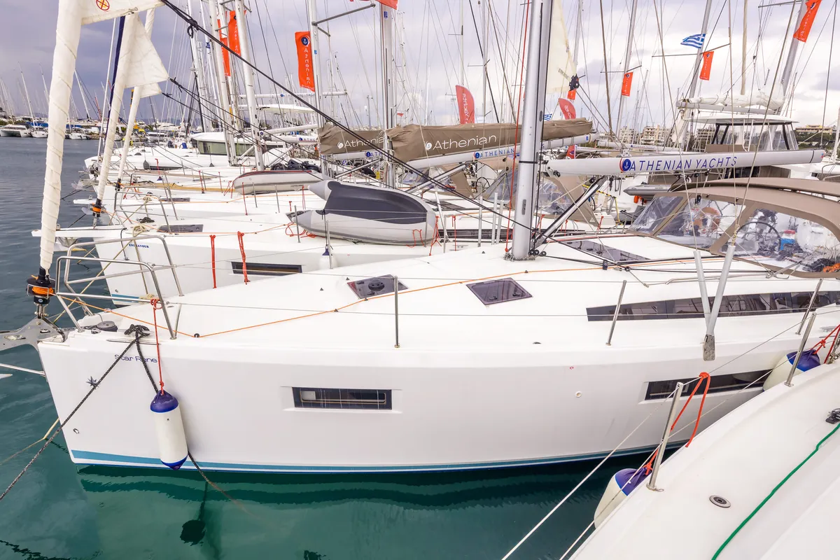 Exterior view of Star Rene, a Jeanneau Sun Odyssey 410 sailboat at Municipal Unit of Nea Peramos, Greece