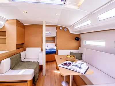 Salon of Star Rene, a Jeanneau Sun Odyssey 410 sailboat at Municipal Unit of Nea Peramos, Greece