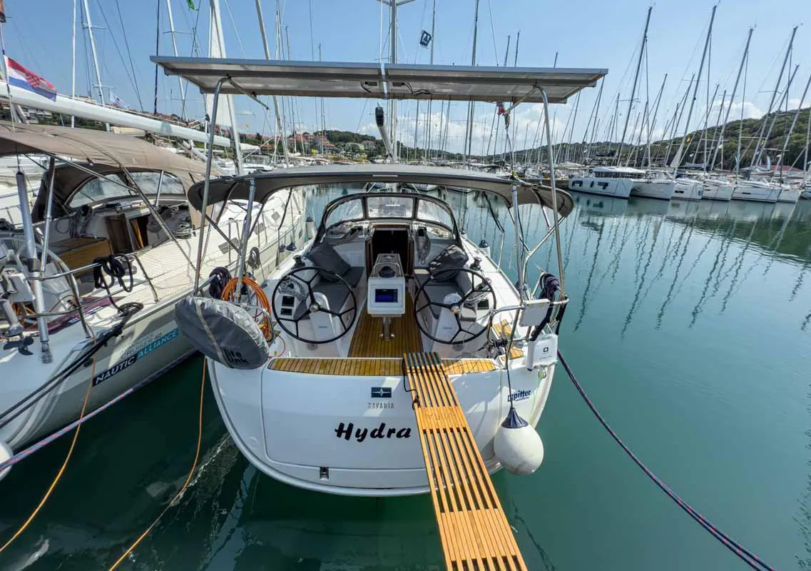 Exterior view of Hydra, a Bavaria Cruiser 34 sailboat at Grad Pula, Croatia