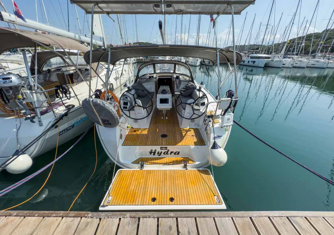 Exterior view of Hydra, a Bavaria Cruiser 34 sailboat at Grad Pula, Croatia