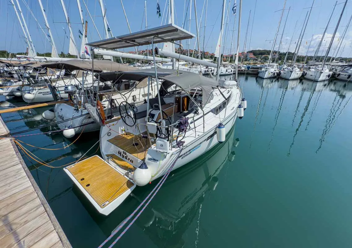 Exterior view of Hydra, a Bavaria Cruiser 34 sailboat at Grad Pula, Croatia