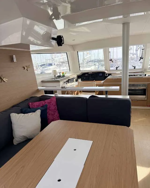 Salon of Reve De Vie, a Bali Catspace catamaran at Palma de Mallorca, Spain
