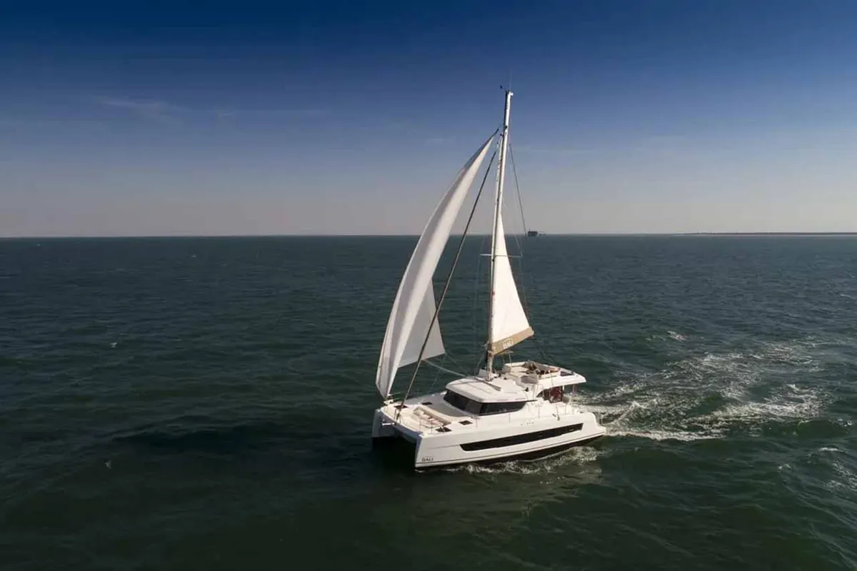 Exterior view of Reve De Vie, a Bali Catspace catamaran at Palma de Mallorca, Spain