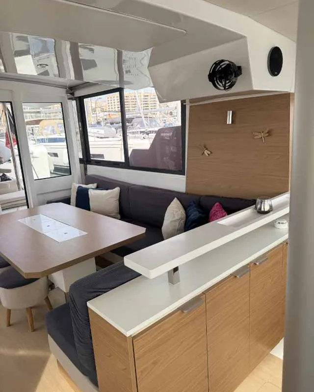 Salon of Reve De Vie, a Bali Catspace catamaran at Palma de Mallorca, Spain