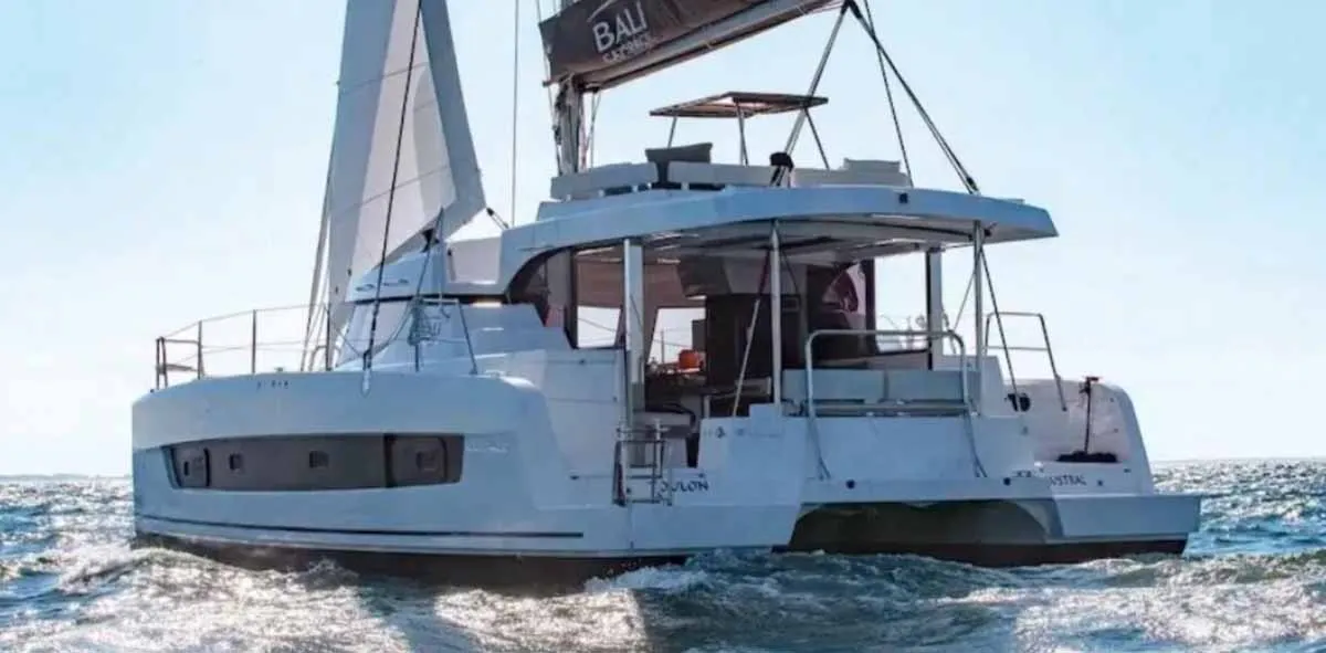 Exterior view of Reve De Vie, a Bali Catspace catamaran at Palma de Mallorca, Spain