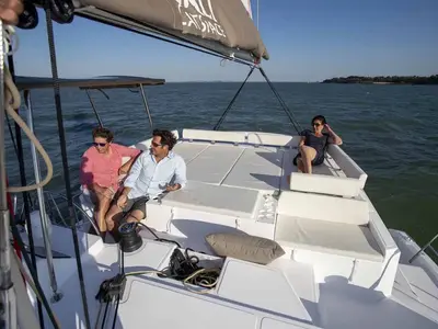 Deck of Reve De Vie, a Bali Catspace catamaran at Palma de Mallorca, Spain