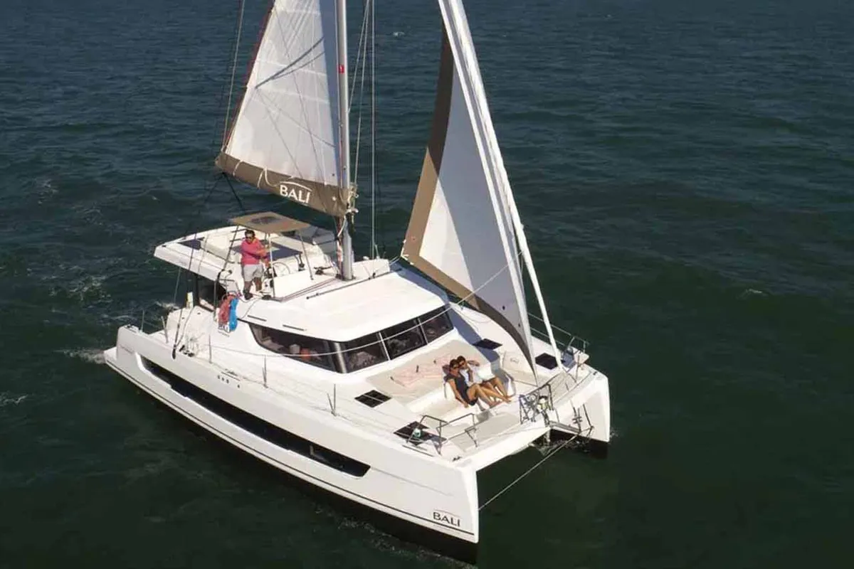 Exterior view of Reve De Vie, a Bali Catspace catamaran at Palma de Mallorca, Spain