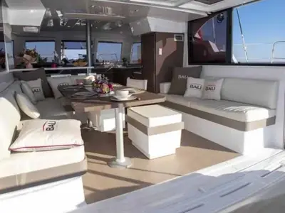 Salon of Reve De Vie, a Bali Catspace catamaran at Palma de Mallorca, Spain