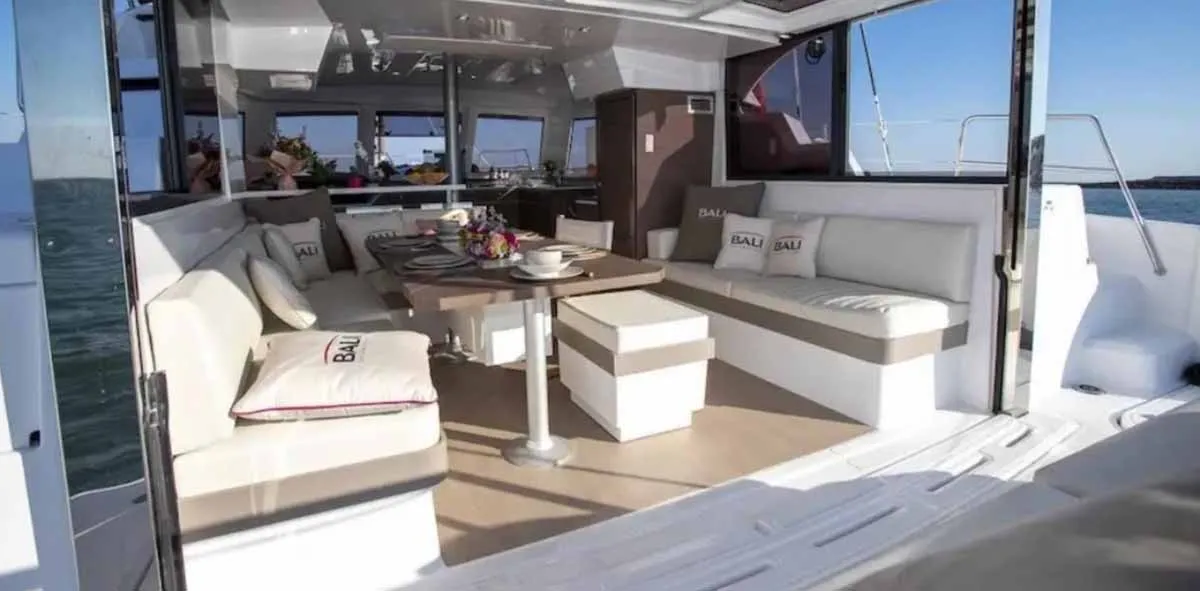 Salon of Reve De Vie, a Bali Catspace catamaran at Palma de Mallorca, Spain
