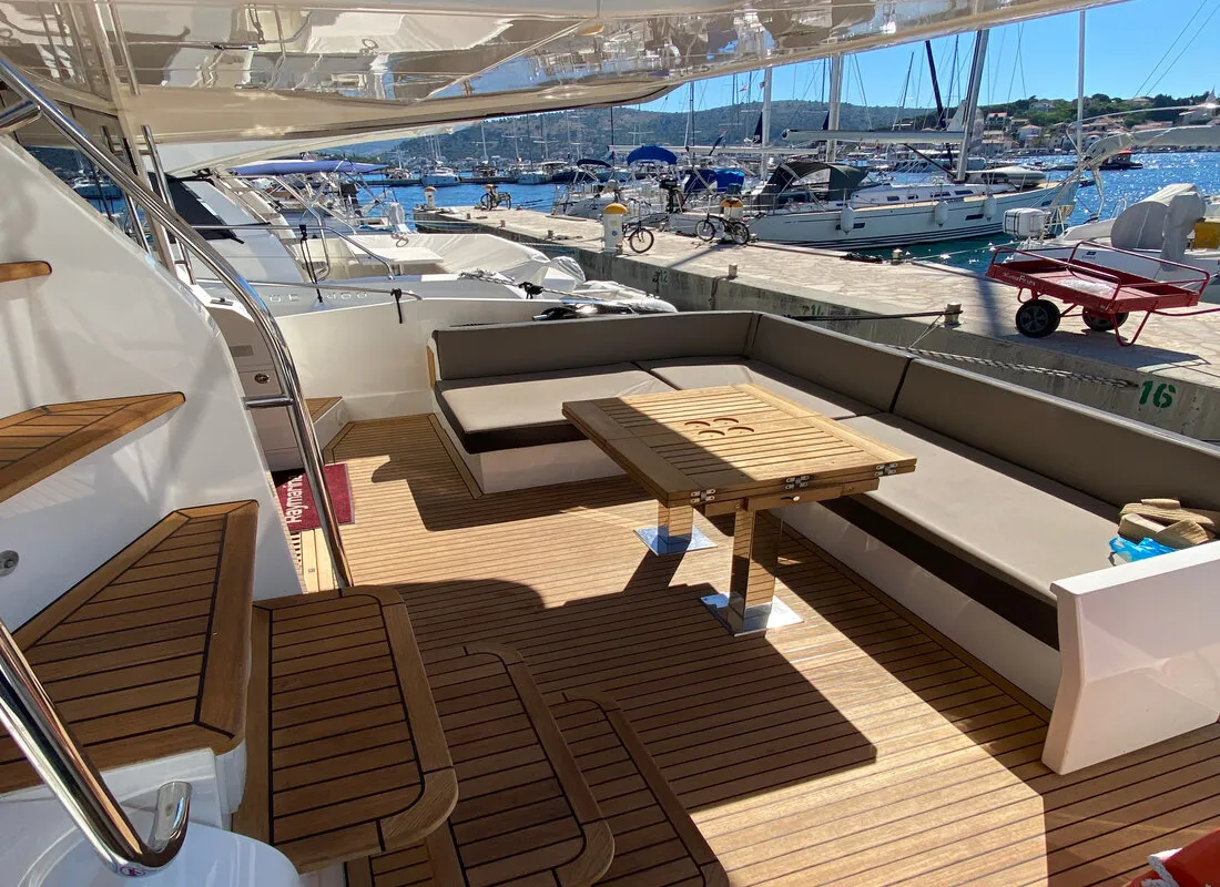 Deck of Gremix, a Galeon 550 Fly motor yacht at Grad Šibenik, Croatia