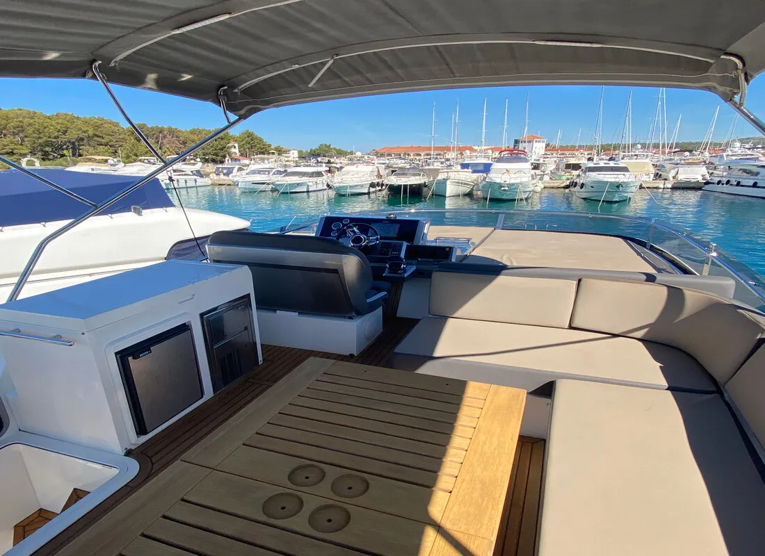Deck of Gremix, a Galeon 550 Fly motor yacht at Grad Šibenik, Croatia