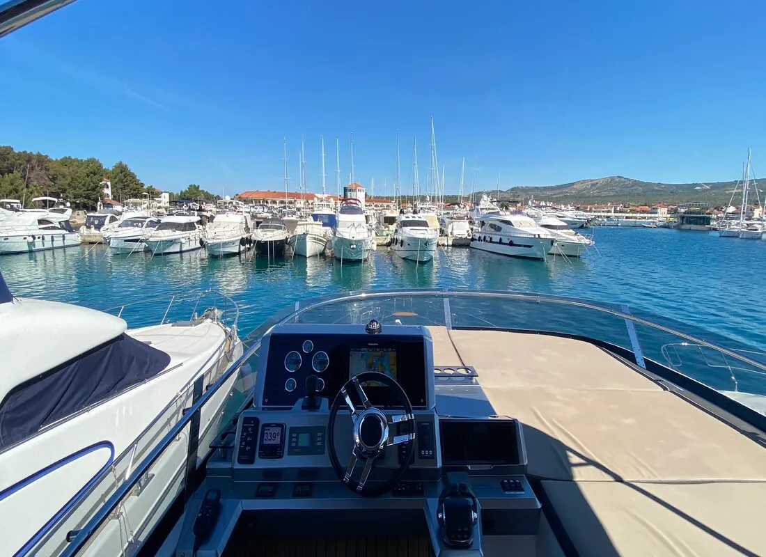 Cockpit of Gremix, a Galeon 550 Fly motor yacht at Grad Šibenik, Croatia
