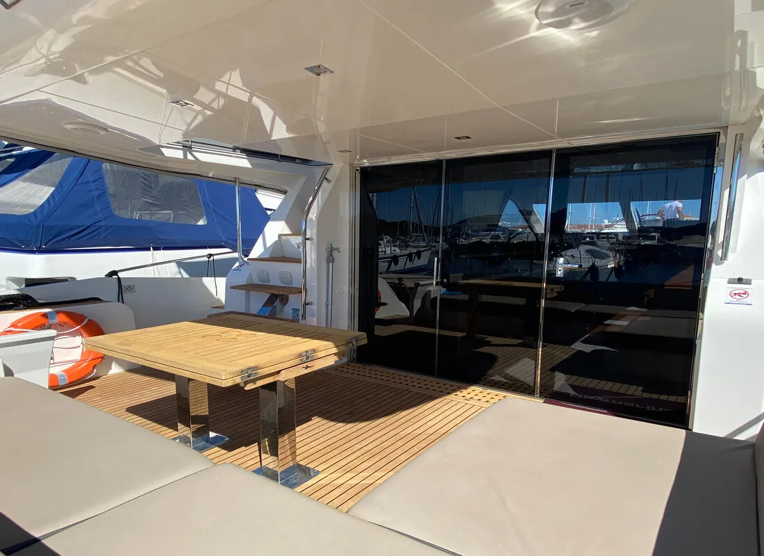 Deck of Gremix, a Galeon 550 Fly motor yacht at Grad Šibenik, Croatia