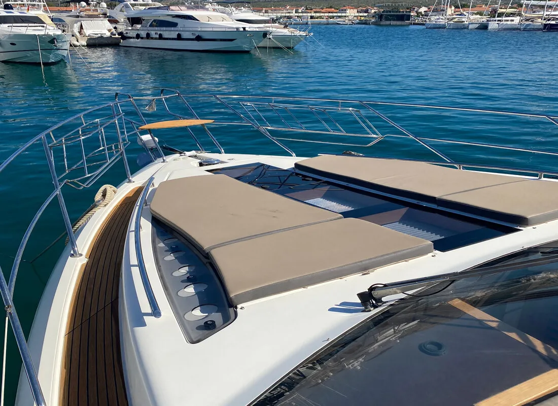 Deck of Gremix, a Galeon 550 Fly motor yacht at Grad Šibenik, Croatia