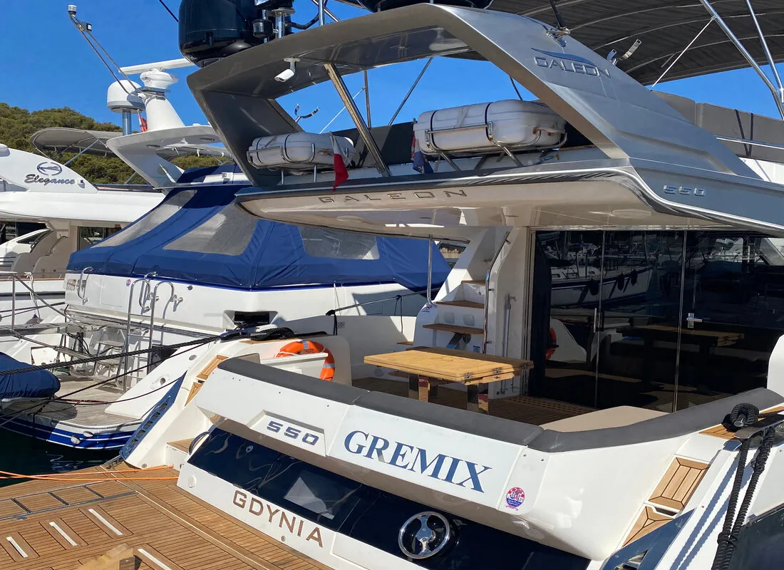 Deck of Gremix, a Galeon 550 Fly motor yacht at Grad Šibenik, Croatia
