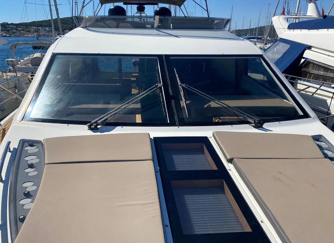 Deck of Gremix, a Galeon 550 Fly motor yacht at Grad Šibenik, Croatia