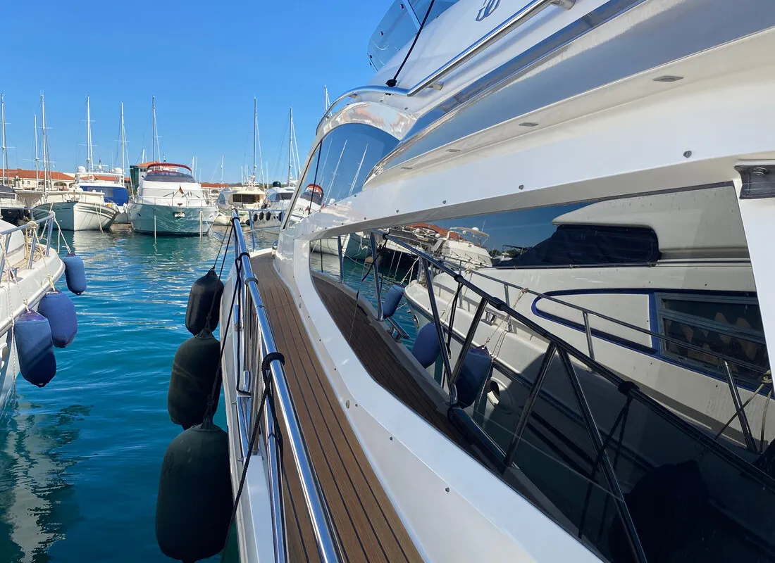 Deck of Gremix, a Galeon 550 Fly motor yacht at Grad Šibenik, Croatia