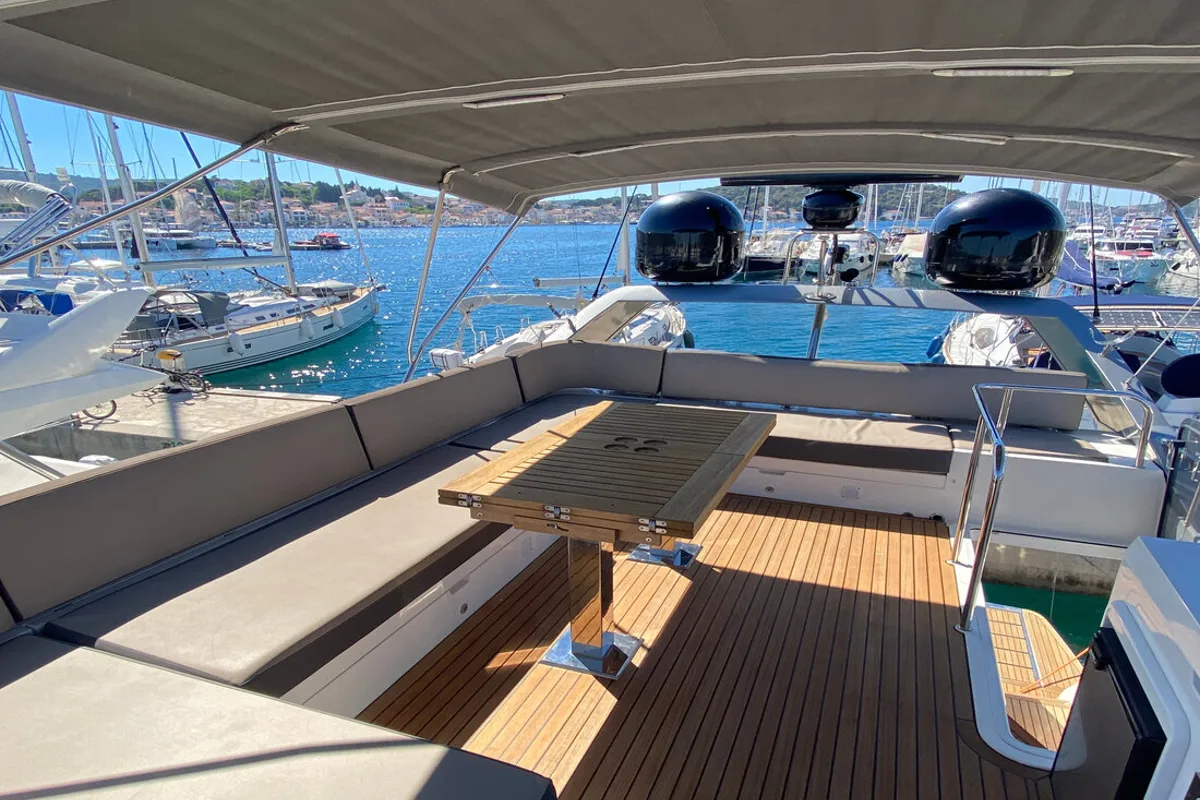 Deck of Gremix, a Galeon 550 Fly motor yacht at Grad Šibenik, Croatia