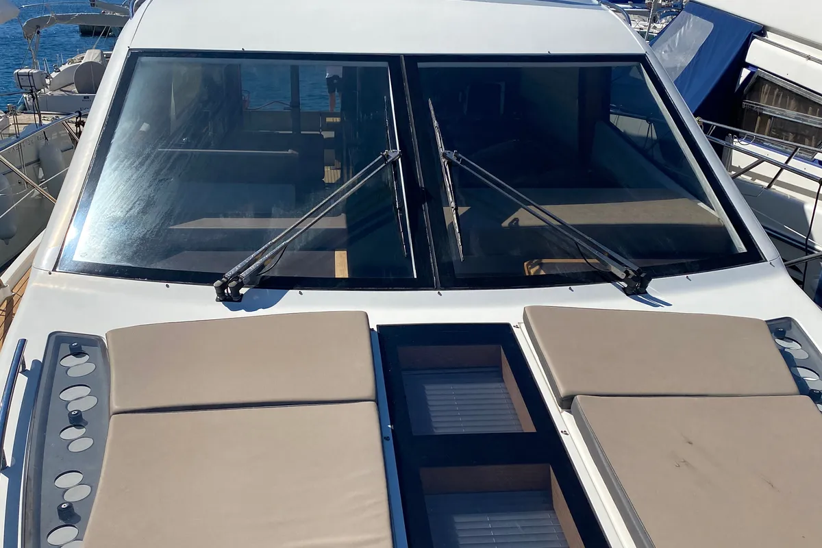 Deck of Gremix, a Galeon 550 Fly motor yacht at Grad Šibenik, Croatia